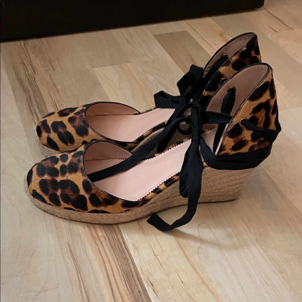 JCrew Leopard Print Calf Hair Wedge Espadrilles with Black Ties